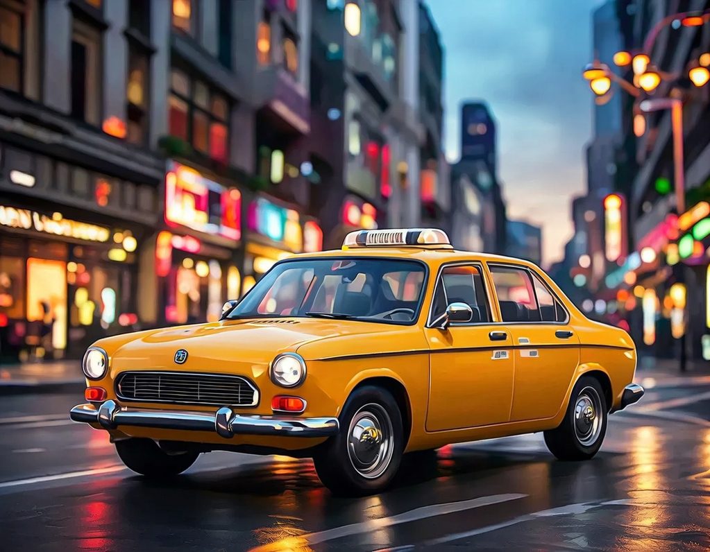 Taxifahrten - Taxi Hanau Ein gelbes Taxi steht auf einer belebten, neonbeleuchteten Stadtstraße.