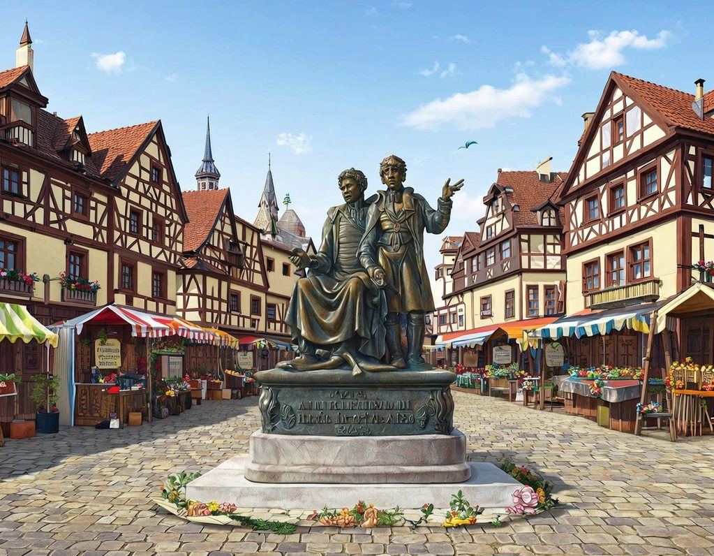 Stadt Hanau mit Brüder Grimm-Statue Stadt Hanau mit Brüder-Grimm Statue am Marktplatz