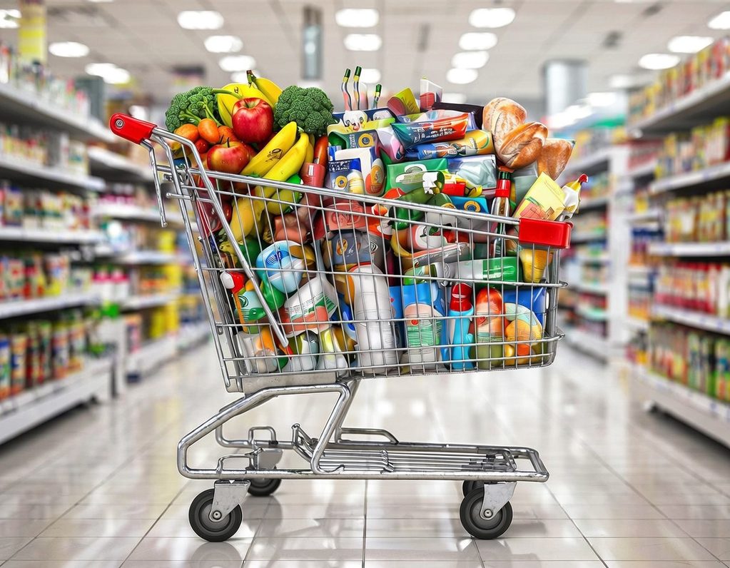 Einkaufsfahrten - Taxi Hanau Einkaufswagen voll mit frischem Obst, Gemüse und verschiedenen Lebensmitteln im Supermarkt.