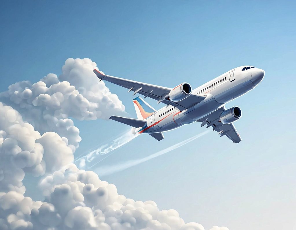 Flughafentransfer - Hanau Taxi Flugzeug, das hoch am Himmel über weißen Wolken fliegt.
