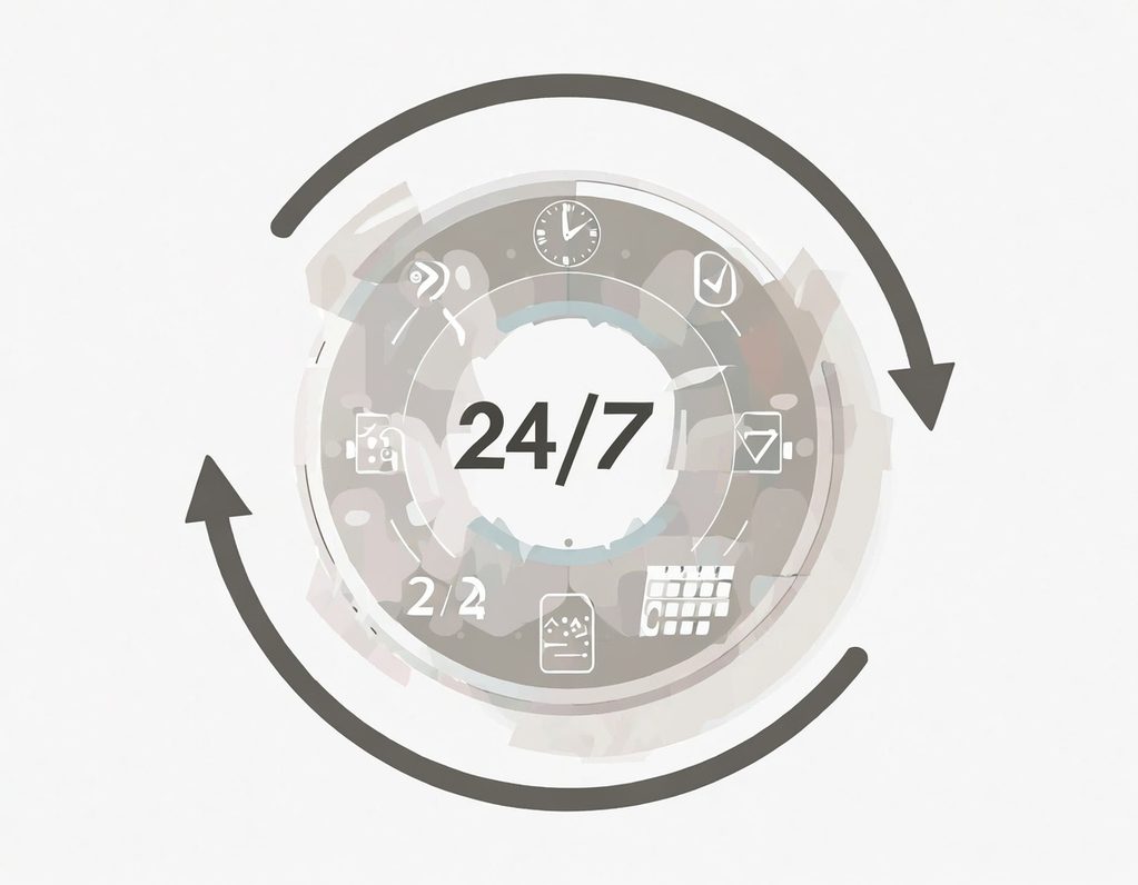 24/7 Service in Hanau und Umgebung Kreisförmiges Design mit der Aufschrift "24/7" in der Mitte und geschwungenen Pfeilen.